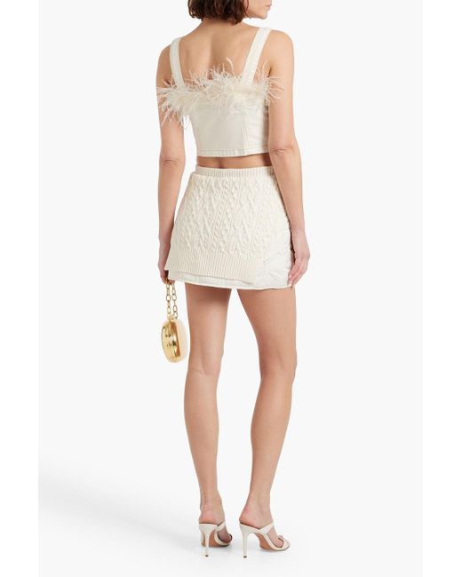 Jonathan Simkhai White Reeves Cropped Feather-Trimmed Denim Top