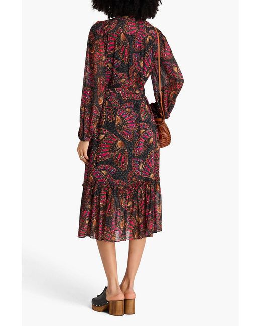 Farm Rio Red Printed Metallic Fil Coupé Chiffon Midi Dress
