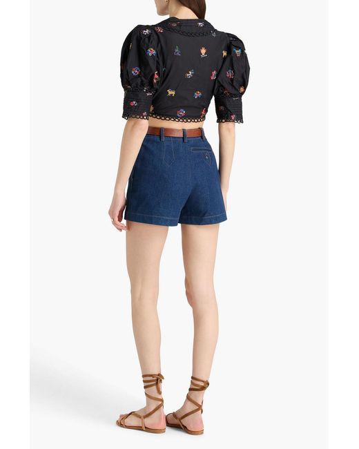 Farm Rio Black Cropped Embroidered Cotton Shirt