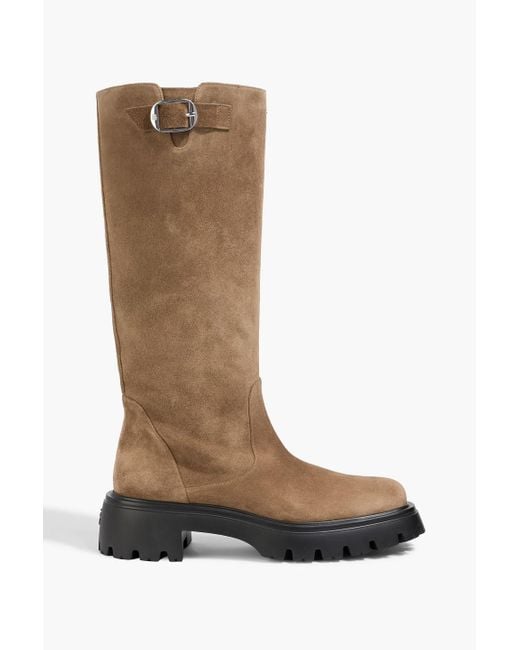 Stuart Weitzman Brown Emerson Buckle-Detailed Suede Knee Boots