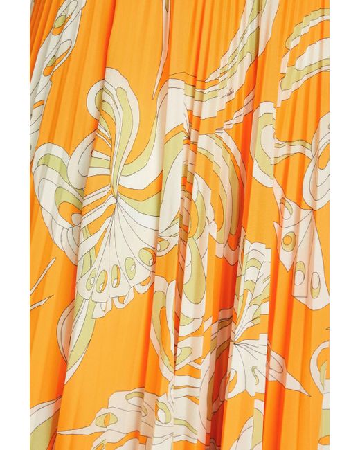 Emilio Pucci Orange Pleated Printed Crepe Midi Skirt