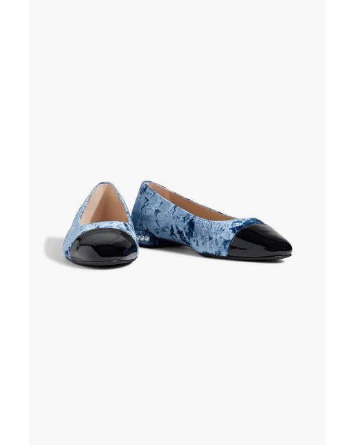 Stuart Weitzman Blue Pearl Embellished Crushed-velvet Ballet Flats