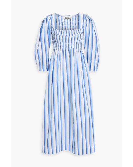 Ganni Blue Shirred Striped Cotton-poplin Midi Dress