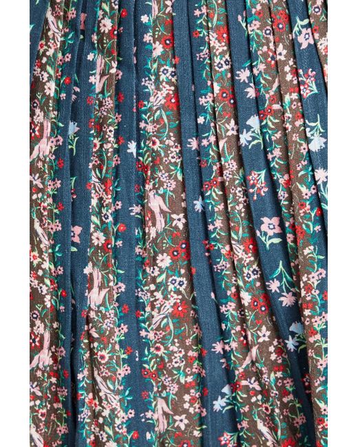 See By Chloé Blue Pleated Floral-print Linen Midi Skirt