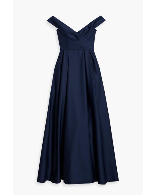 Marchesa Blue Pleated Duchesse-satin Gown