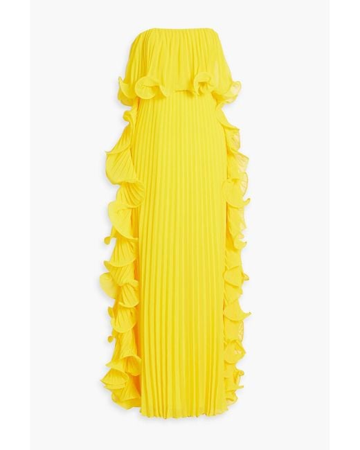 Badgley Mischka Yellow Strapless Ruffled Plissé-chiffon Gown
