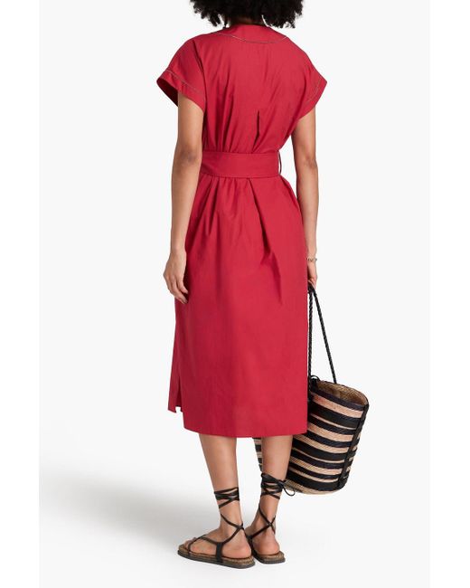 Brunello Cucinelli Red Bead-Embellished Cotton-Poplin Midi Shirt Dress