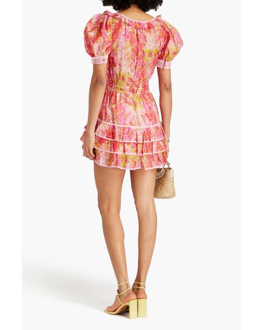 LoveShackFancy Red Safiya Ruffled Floral-print Cotton And Silk-blend Mousseline Mini Dress