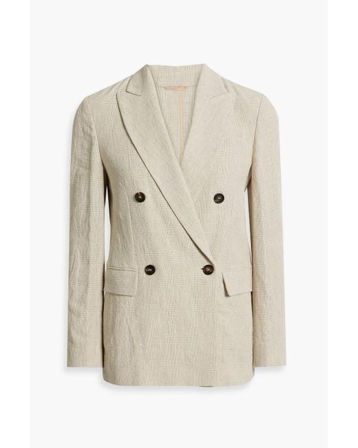 Brunello Cucinelli Natural Double-breasted Bead-embellished Checked Linen-jacquard Blazer