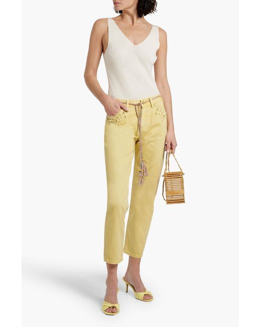 Zimmermann Yellow Cropped Broderie Anglaise-trimmed Mid-rise Tapered Jeans