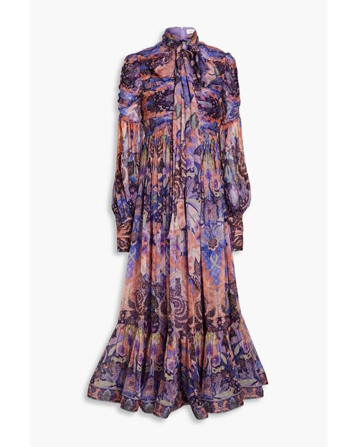 Zimmermann Purple Ruched Pussy-bow Printed Georgette Midi Dress