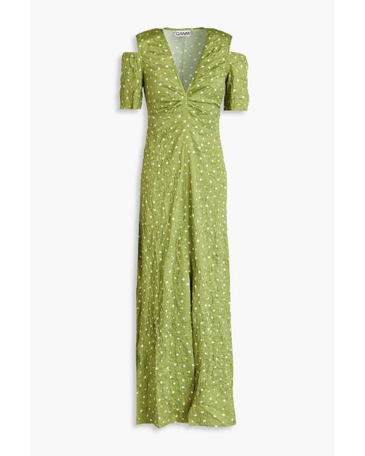 Ganni Green Cold-shoulder Polka-dot Crinkled-satin Midi Dress
