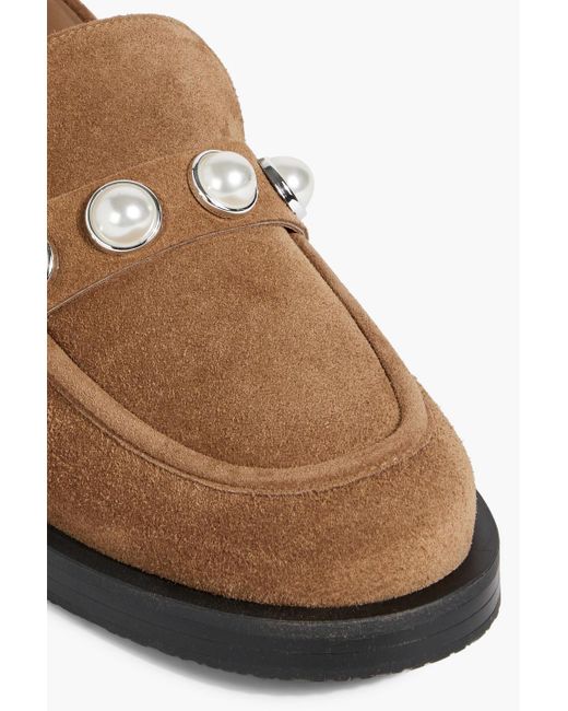 Stuart Weitzman Brown Portia loafers aus veloursleder mit kunstperlen