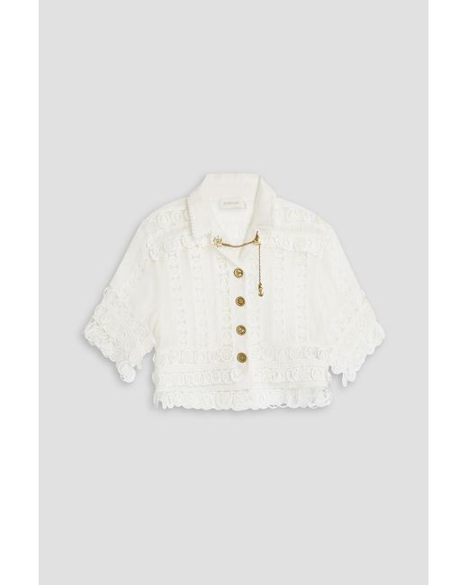 Zimmermann White Cropped Linen And Silk-blend Organza And Crocheted Lace Jacket