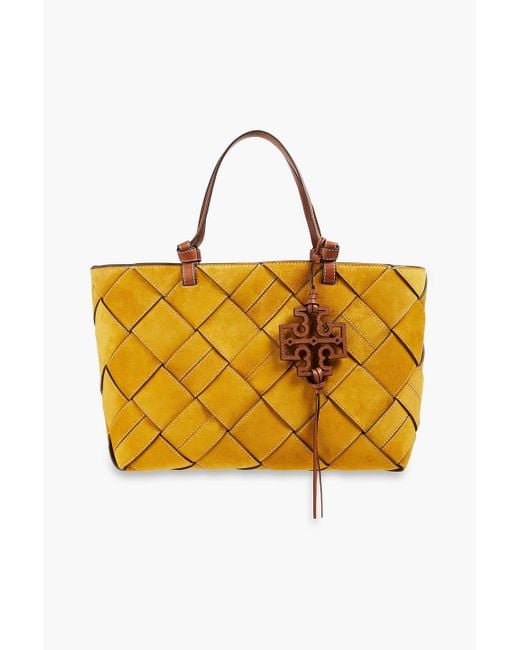 Tory Burch Orange Miller Leather-Trimmed Woven Suede Tote