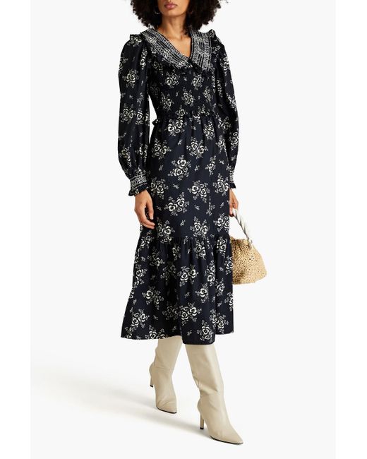 Sea Black Shirred Floral-print Cotton Midi Dress