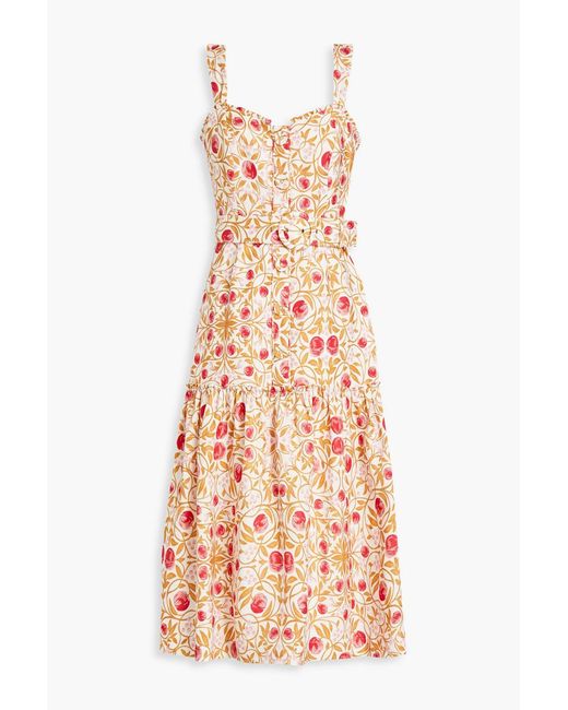 Rebecca Vallance White Belted Printed Linen-blend Midi Dress