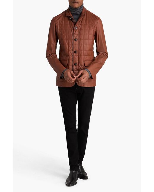Canali Brown Quilted Leather Jacket for men