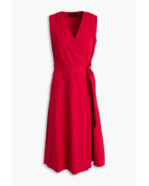 Theory Red Linen-blend Midi Wrap Dress