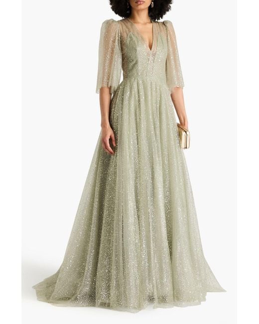 Costarellos Green Glittered Tulle Gown