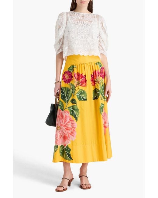 Farm Rio Yellow Floral-Print Cotton-Poplin Midi Skirt