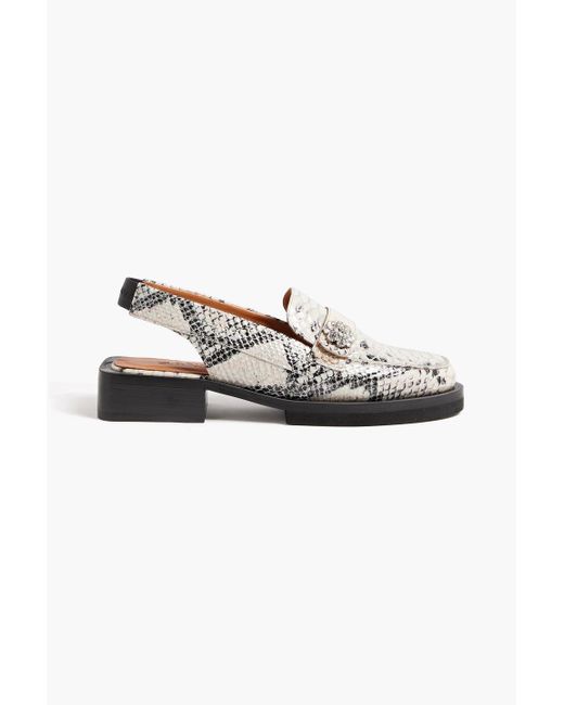 Ganni White Crystal-embellished Snake-effect Leather Slingback Loafers