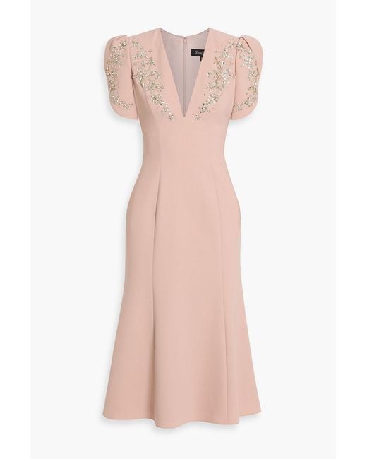 Jenny Packham Pink Rose Bud Embellished Crepe Midi Dress