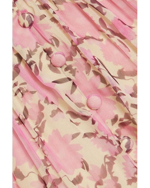 Mikael Aghal Pink Button-detailed Floral-print Chiffon Maxi Dress