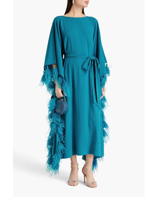 Huishan Zhang Blue Palma Belted Feather-Trimmed Crepe Kaftan