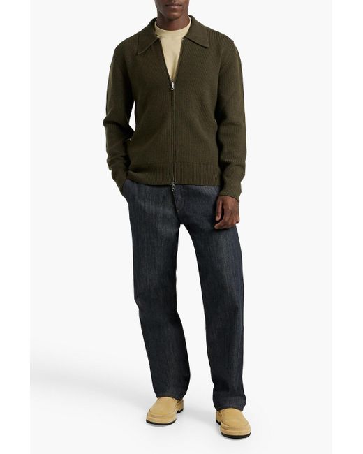 Officine Generale Green Tahar Ribbed Merino Wool Cardigan for men