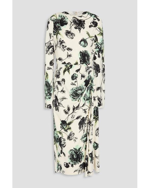 Erdem White Draped Floral-print Cady Midi Dress