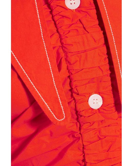 Ganni Red Ruched Cotton-poplin Midi Shirt Dress