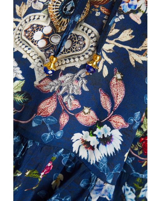 Camilla Blue Minikleid aus crêpe de chine aus seide mit floralem print und kristallverzierung