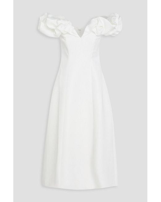 LEO LIN White Annie Off-The-Shoulder Satin Midi Dress