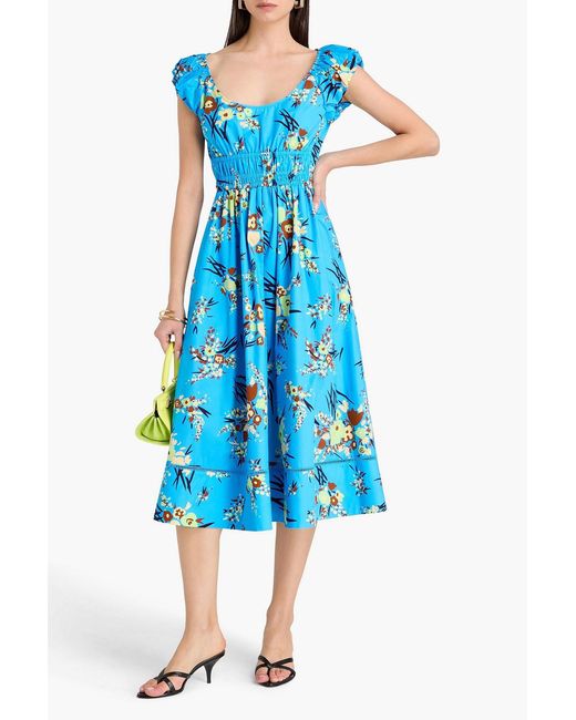 Tory Burch Blue Shirred Floral-print Cotton Midi Dress