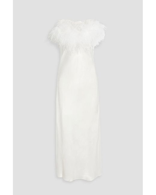 Sleeper White Boheme Feather-trimmed Satin Midi Slip Dress
