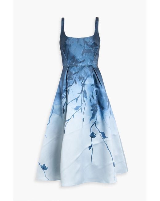 Marchesa Blue Floral-Print Mikado Midi Dress