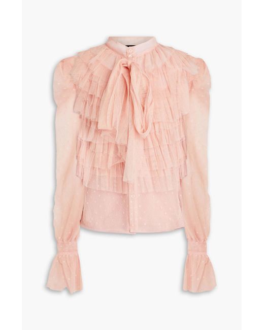 RED Valentino Pink Pussy-bow Tiered Tulle And Point D'esprit Blouse