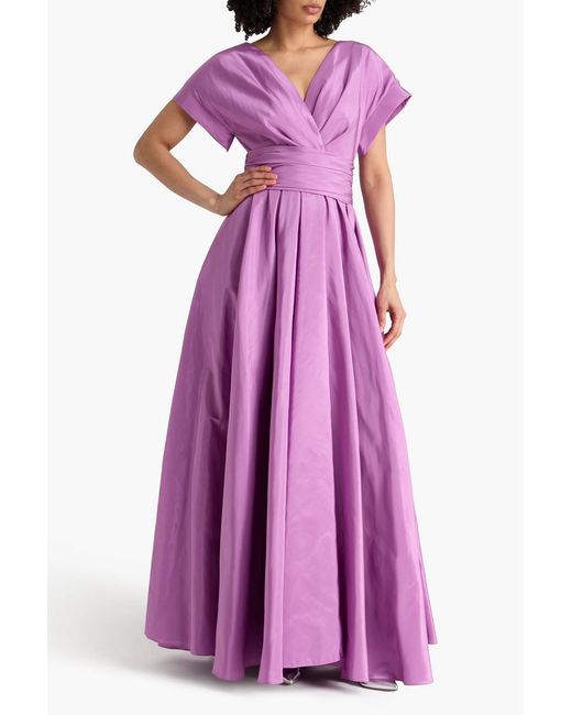 Rhea Costa Purple Wrap-effect Taffeta Gown