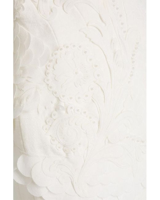 Zimmermann White Embellished Floral-appliquéd Cotton And Linen-blend Mini Skirt
