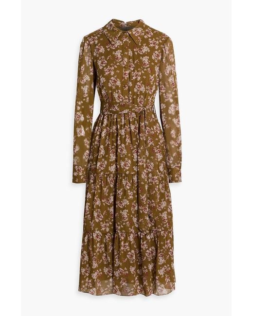Mikael Aghal Natural Tiered Floral-Print Georgette Midi Shirt Dress