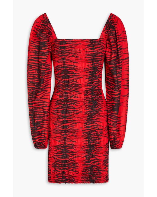 Ganni Red Shir Printed Cotton-poplin Mini Dress