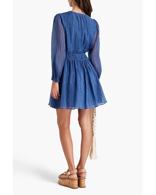 Maje Blue Tie-detailed Lyocell-blend Plissé-organza Mini Dress