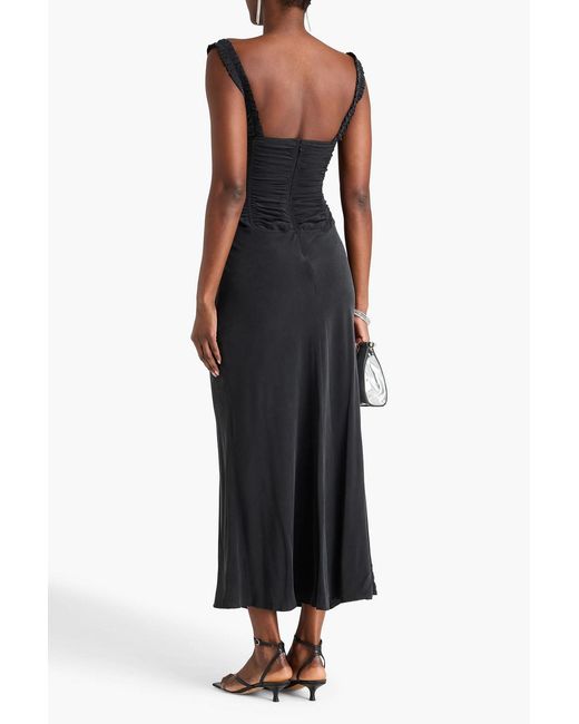 Staud Black Nic Ruched Washed Silk Crepe De Chine Maxi Dress