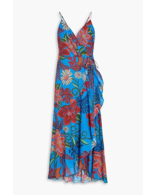 Farm Rio Blue Maxikleid aus baumwolle mit floralem print, eingewebten punkten und wickeleffekt