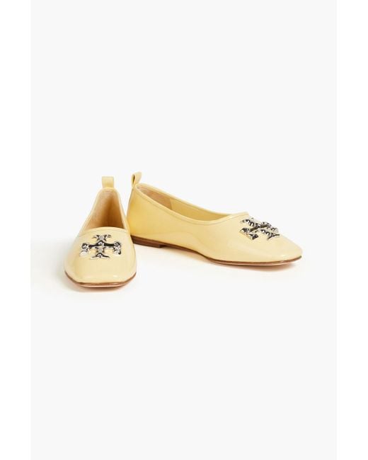 Tory Burch Yellow Eleanore Embellished Patent-leather Ballet Flats