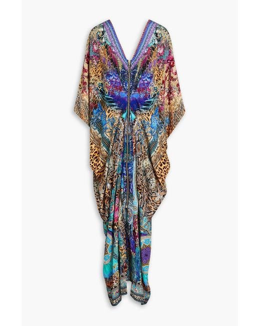 Camilla Blue Crystal-embellished Draped Printed Silk Crepe De Chine Maxi Dress