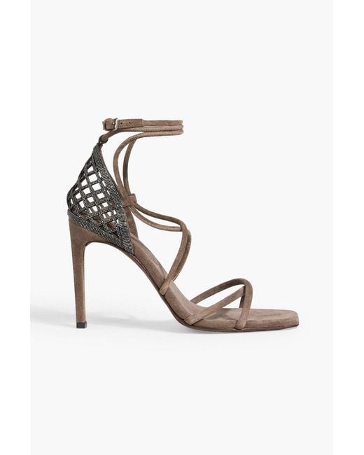 Brunello Cucinelli Natural Bead-Embellished Suede Sandals