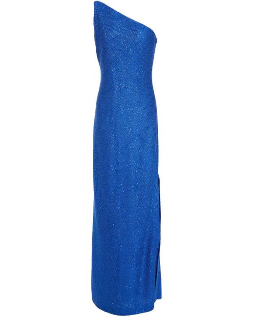 St. John Blue One-shoulder Sequined Knitted Gown