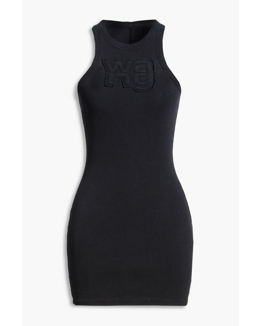 T By Alexander Wang Black Distressed Ribbed Cotton-Blend Jersey Mini Dress